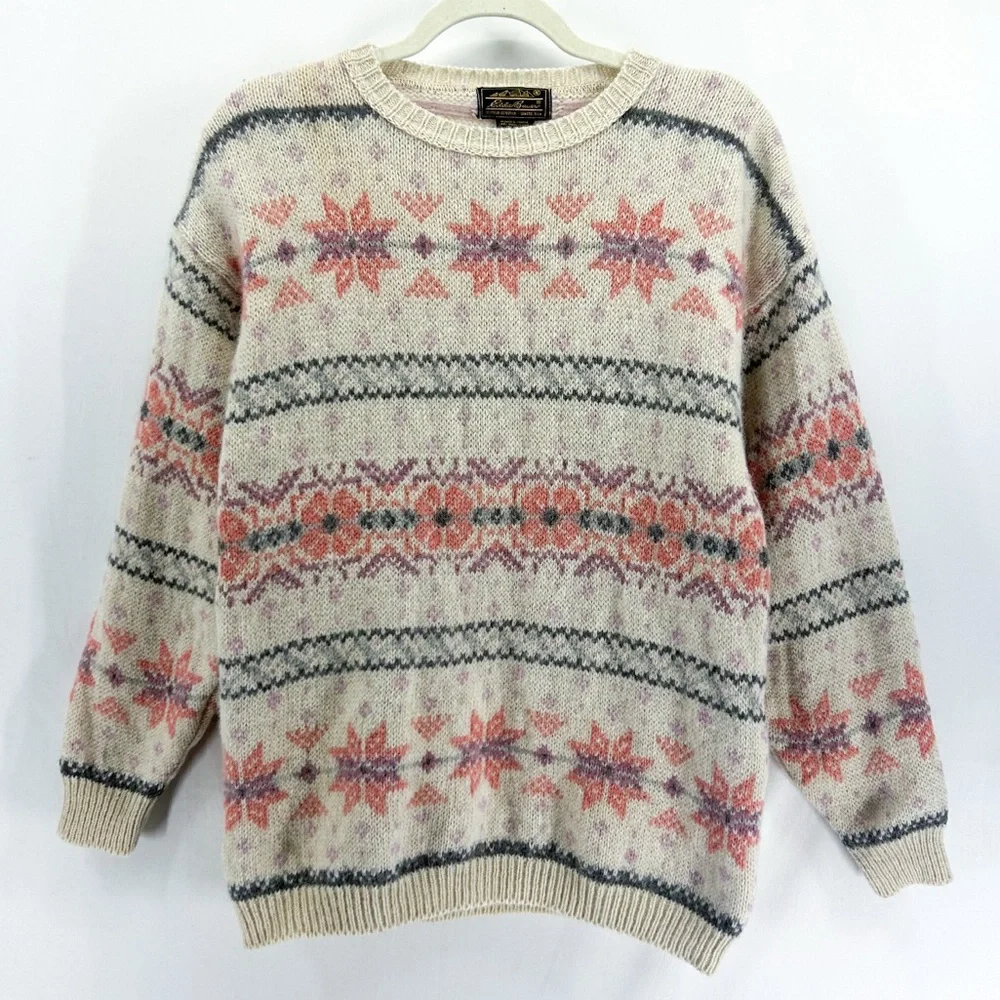 Vintage Eddie Bauer Cream Pink Wool Snowflake Fair Isle Christmas Sweater